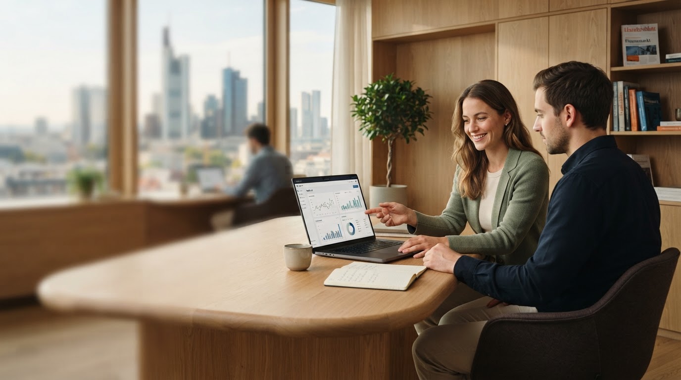 BTC Vaultis AI user reviewing AI-assisted market insights on a laptop in a calm workspace